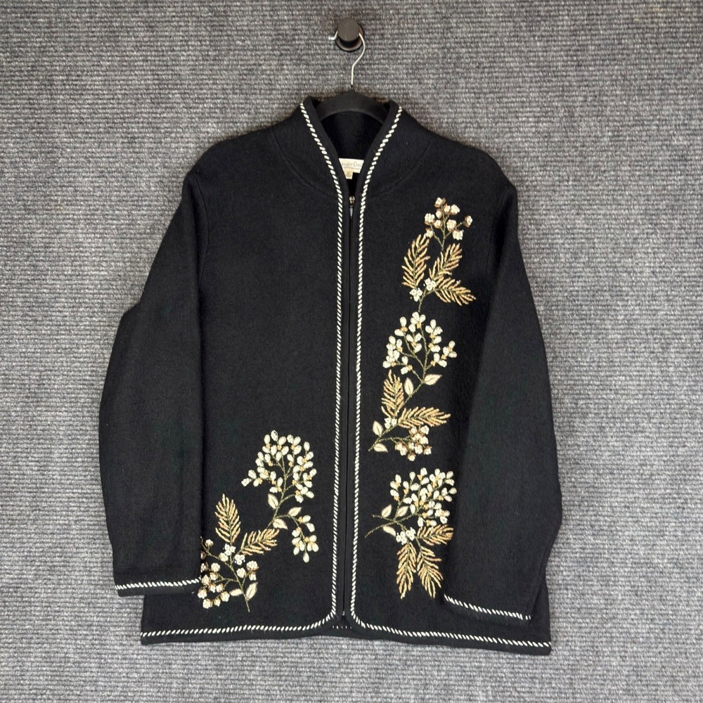 Coldwater Creek 100% Wool Black 1X Cardigan Floral Embroidered Beaded Zip Jacket